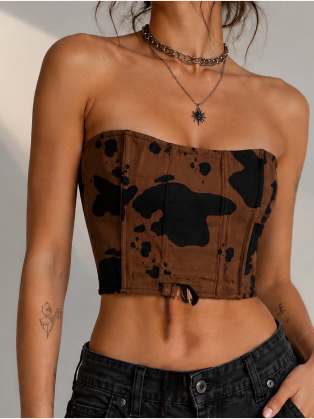 Brown and Black Strapless Corset Crop Top